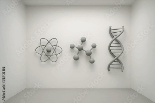 minimalist 3D art installation showcasing atomic structure, molecule model, and DNA helix, contemporary science themed artwork icon set