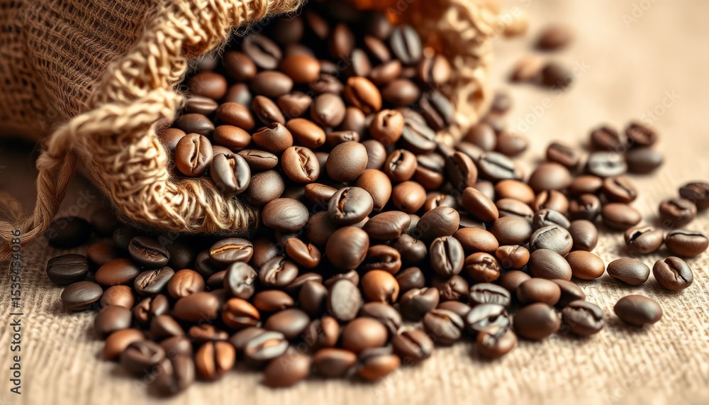 Coffee Beans In Sack Rustic Texture Natural Aroma Fresh Brew Cafe Drink Coffee Beans In Sack Rustic Texture Natural Aroma Fresh Brew Cafe Drink