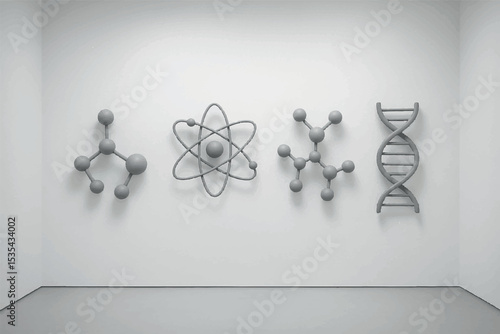 modern minimalist art installation with 3D representations of atomic, molecular, and DNA structures, scientific icons in a gallery setting