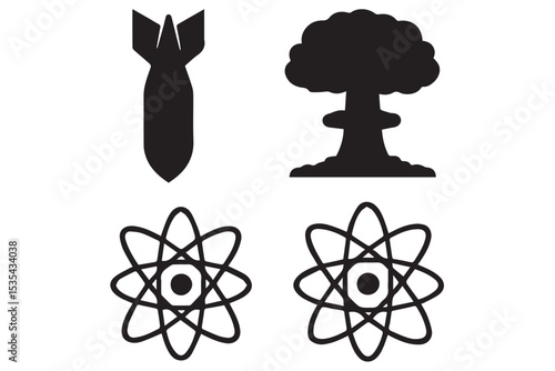 destruction and disaster, including bomb, nuclear explosion, and atomic symbols, danger and nuclear energy icon set
