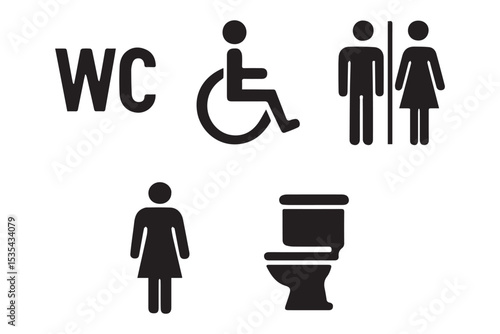 restroom icons with wc, accessible bathroom, female, male, toilet pictogram, sign set icon set
