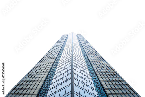 Modern glass skyscraper photographed from below showing geometric patterns and reflective windows against clear sky, isolated on a transparent background