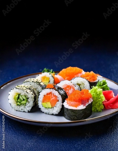Sushi maki beautifully arranged on plate, featuring fresh ingredients and vibrant colors, on