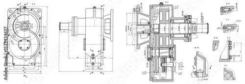 Engineering mechanical drawing of steel devices
- worm gear (reducer, gearbox, engine)
with dimension lines. Industrial 
cad scheme on paper sheet. Technology background
of machine building industry.