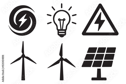 Set of bold energy symbols, including wind turbine, solar panel, lightning, and flame, illustrating modern power sources and energy generation, icon set