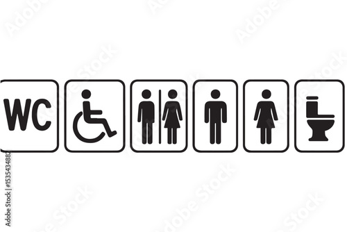 Restroom signage collection with WC, wheelchair, male, female, and toilet icons, illustrating public restroom facilities and accessibility, icon set