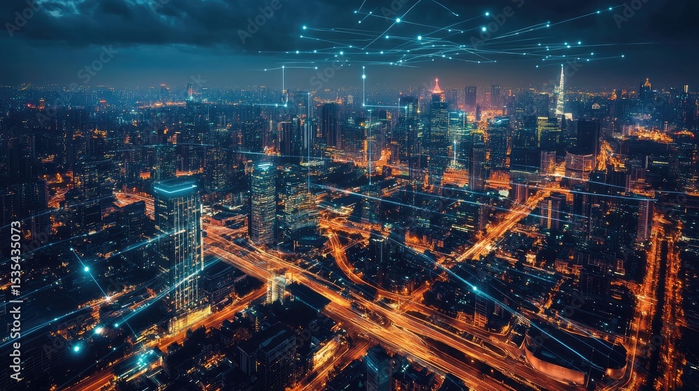 Fototapeta premium Futuristic Cityscape with Technological Network Connections at Nighttime Overlooking Urban Skyline