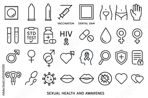 Set of sexual health and awareness icons, including protection, vaccination, testing, and gender symbols, representing safe practices and health, icon set