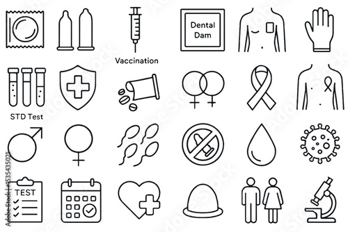 Comprehensive collection of sexual health icons, featuring condoms, HIV awareness, vaccination, STD testing, and gender symbols, promoting awareness and safety, icon set