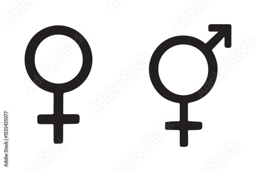 Set of symbolic male and female gender icons in black and neutral tones, representing gender identity and evolution, minimalistic design, icon set
