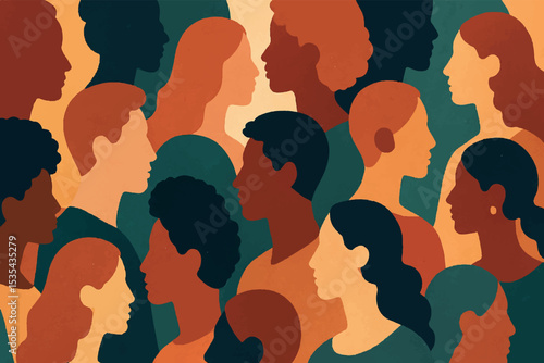 Colorful composition of diverse human profiles, reflecting unity, diversity, and inclusion, in abstract and modern artistic style with various skin tones, art piece
