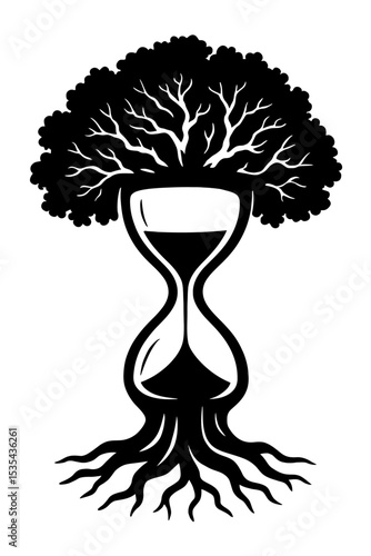 Symbolic Monochrome Tree Growing from Hourglass Illustration - Represents Time, Life Cycles, and Nature's Endurance