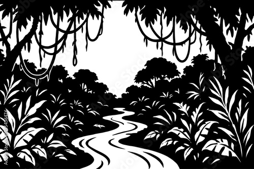 Mysterious Monochrome Jungle River Landscape Silhouette - Ideal for Nature, Adventure, and Wilderness Themes