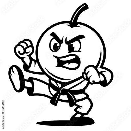 Dynamic Monochrome Karate Fruit Mascot Kicking Illustration - Perfect for Healthy Lifestyle and Martial Arts Themes