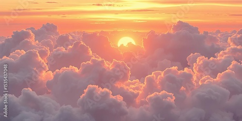 Fototapeta Naklejka Na Ścianę i Meble -  Hand-drawn vector illustration of fluffy clouds at sunrise/sunset, golden hour sky ,  peaceful,  background