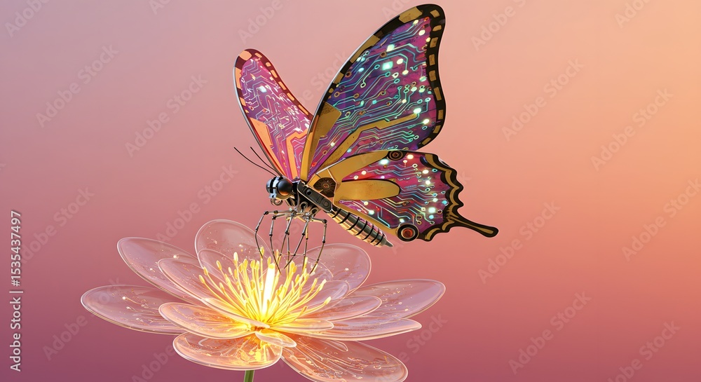 custom made wallpaper toronto digitalA robotic butterfly with intricate circuit board patterns on its wings, landing on a glowing synthetic flower, vibrant colors.
