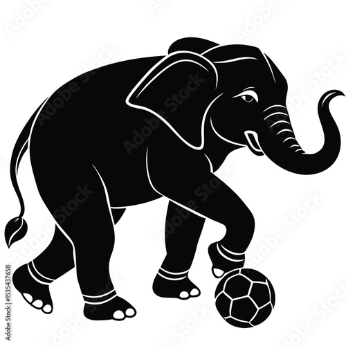 Black and white illustration of an elephant playing soccer with a detailed soccer ball