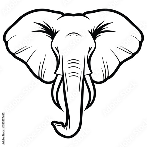 Black and white illustration of an elephant face featuring ears trunk and tusks.