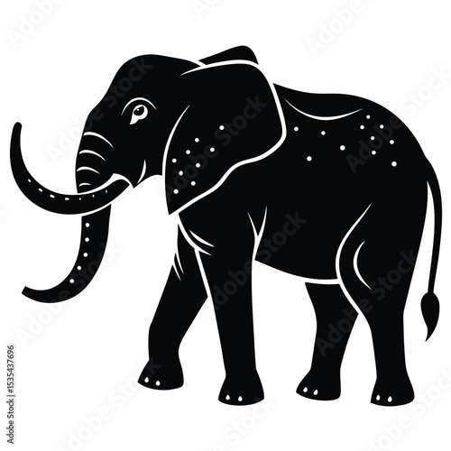 Black and white silhouette illustration of a majestic elephant isolated on white background