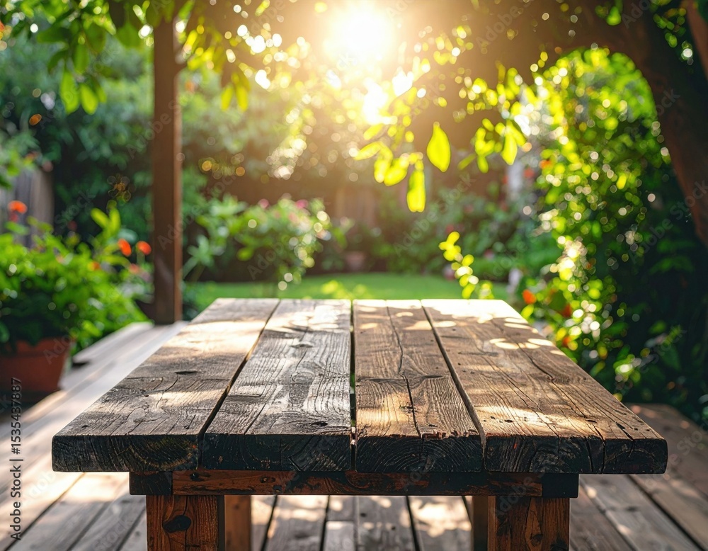 Fototapeta premium Rustic Wooden Garden Table Under Sunlight
