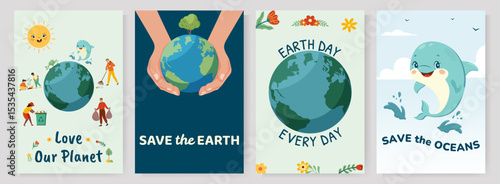 Set of Earth Day posters with people planting trees and picking up garbage, cute dolphin jumping near the globe, promoting environmental care and community efforts to protect the planet. Vector art