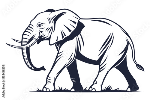 Elegant walking elephant silhouette illustration depicting african wildlife in black and white