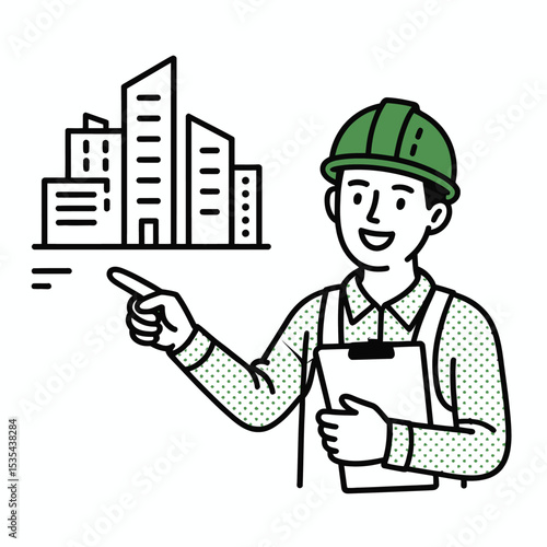 Friendly Construction Worker Green Shirt Building Plan 1