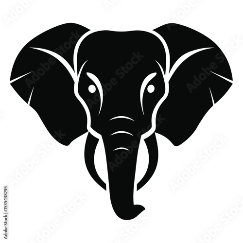 Minimalist black and white vector illustration of an elegant elephant head facing forward