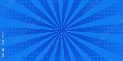 Blue comic sunburst effect background with halftone. Pop art comic-style vector background. Suitable for templates, sale banners, events, ads, web and pages