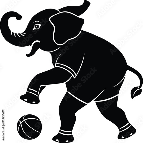 Playful black silhouette elephant in sportswear playing basketball against a white background