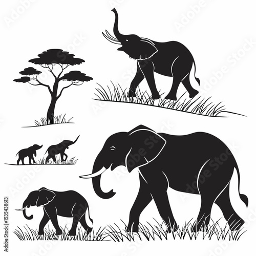 Silhouette illustration depicting elephants of various sizes and styles walking in a savannah environment