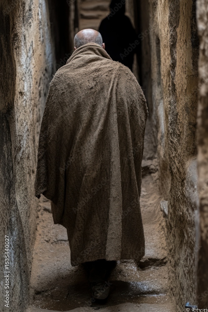 Naklejka premium Monk Walking Down Ancient Stone Pathway