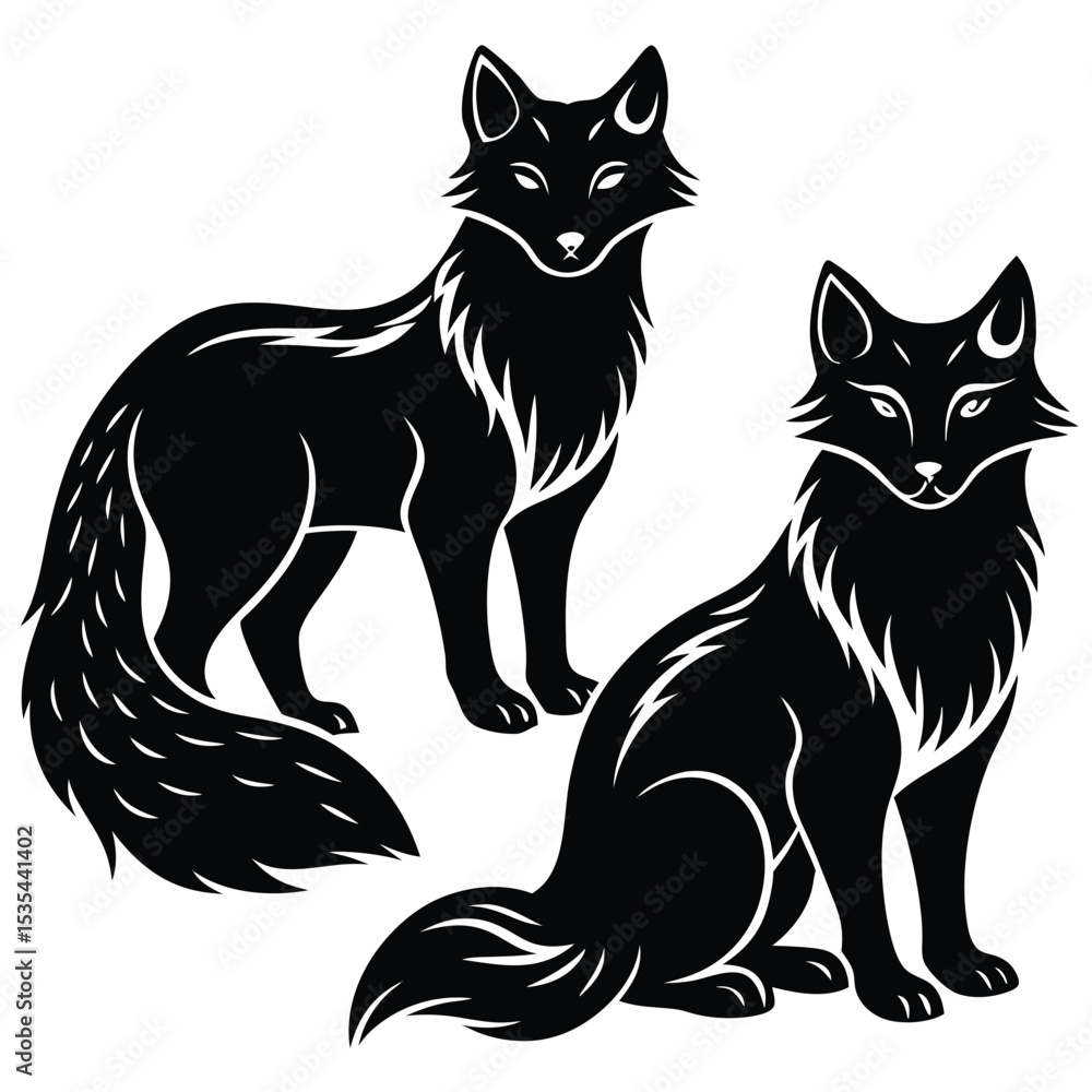 Fototapeta premium Elegant black fox silhouettes in standing and sitting poses vector illustration design