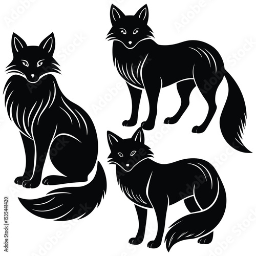 Elegant black fox silhouettes in various poses on white background wildlife vector illustration