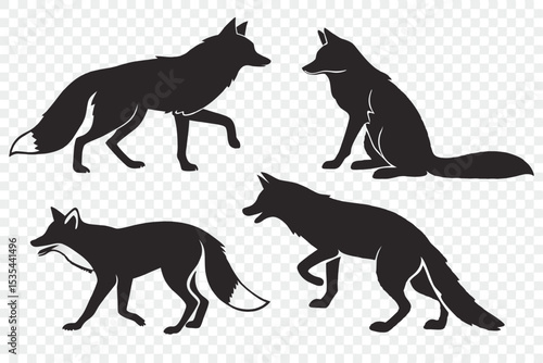 Elegant black fox silhouettes in various poses with transparent background for design projects