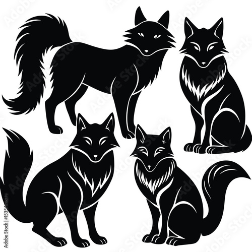 Silhouette illustration of five fox poses in black and white vector design for creative projects