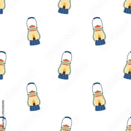 Vintage oil lantern pattern on a white background. Simple seamless pattern with camping lantern. Vector design for greeting card and invitation