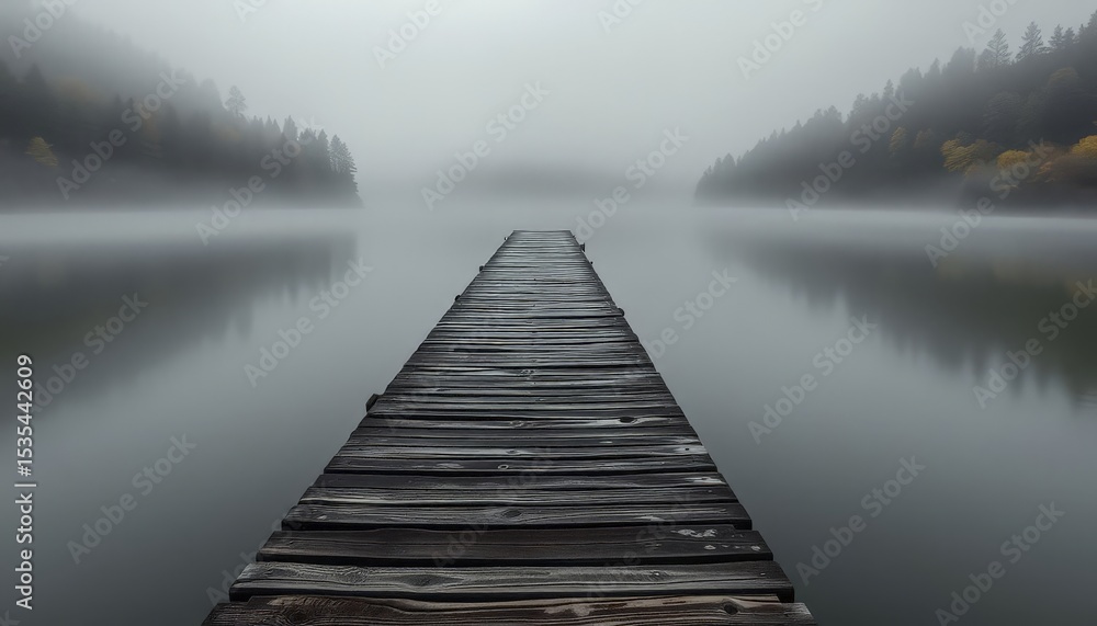 Obraz premium Misty Lake Pier Forest Landscape Foggy Autumn Serenity Nature Calm Reflection Tranquility Peace Woods Scenic View Atmospheric