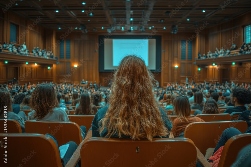 Woman attentively watching lecture in lecture hall. Woman attentively watching lecture in lecture hall.