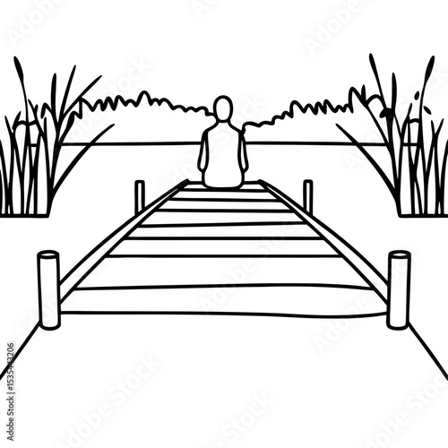 Person sitting on lake dock line art illustration. Peaceful person enjoys serene lake view from wooden dock.  Simple line drawing of person on pier for relaxation and tranquility themes.
