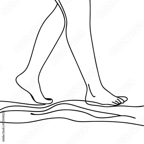 Person walking barefoot on sand. Line art illustration shows legs and feet walking on beach. Simple minimalist drawing of human legs walking on sand for website design or brochure.