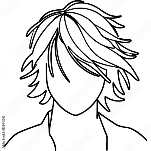 Line art drawing of person with messy hair. Stylish hair illustration showing short, tousled locks partially covering face.  This simple line drawing is perfect for fashion design, website graphics,