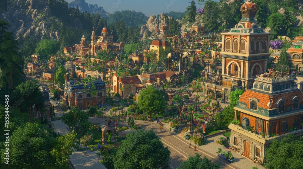 Fototapeta premium Idyllic Landscape of Lush Gardens and Charming Architecture in a Vibrant Fantasy Town Setting
