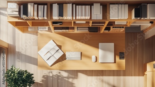 Top-down view of a minimalist workspace featuring wooden desk, shelves and office supplies