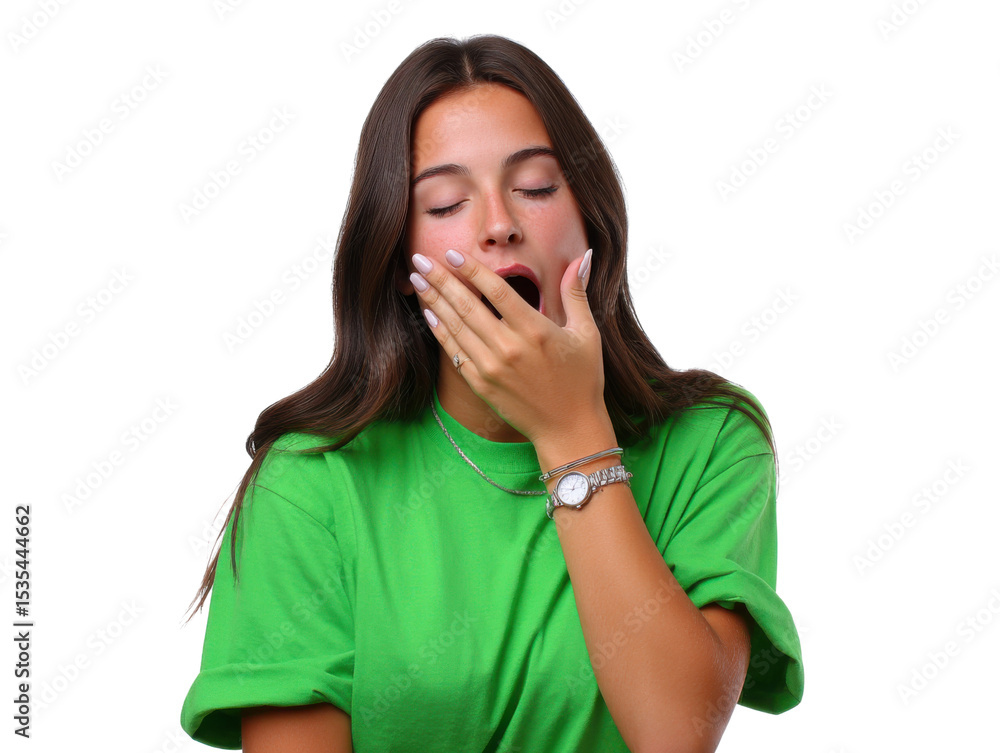 Yawning Woman: A young woman, captured in a close-up, is yawning expressively, her eyes closed and hand covering her mouth, portraying a moment of fatigue. Yawning Woman: A young woman, captured in a close-up, is yawning expressively, her eyes closed and hand covering her mouth, portraying a moment of fatigue.