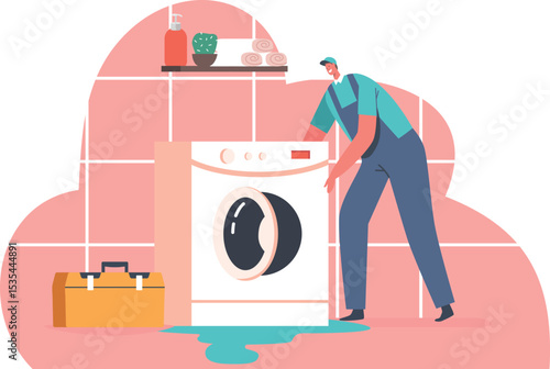 Repairman fixing washing machine vector illustration