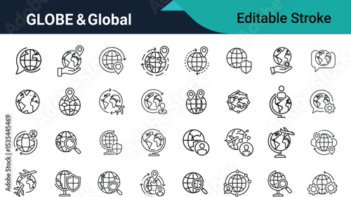 Globe & Global Line Icons Set – Editable Stroke Vector Symbols .