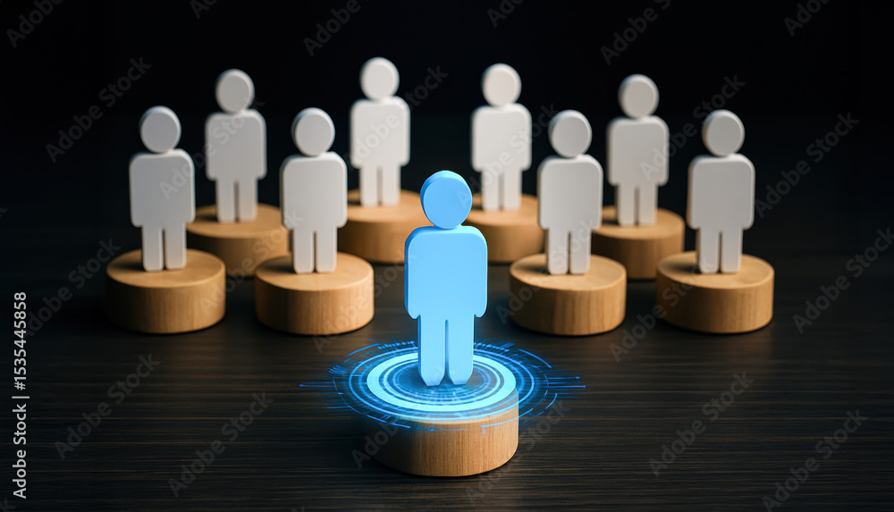 Obraz premium Leadership and influence stand out as a central concept where one figure is highlighted among others on wooden platforms symbolizing business hierarchy and focus