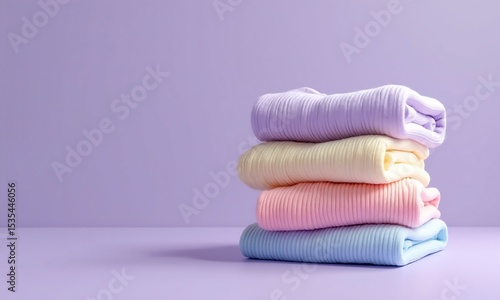 Stack of neatly folded colorful sweaters on a pastel purple background minimal studio shot
