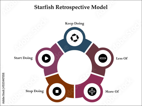 Starfish retrospective model. Infographic template with icons and description placeholder